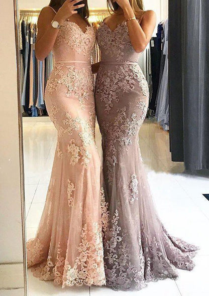 Mermaid Sweetheart Sleeveless Floor-Length Tulle Prom Dresses with Appliqued