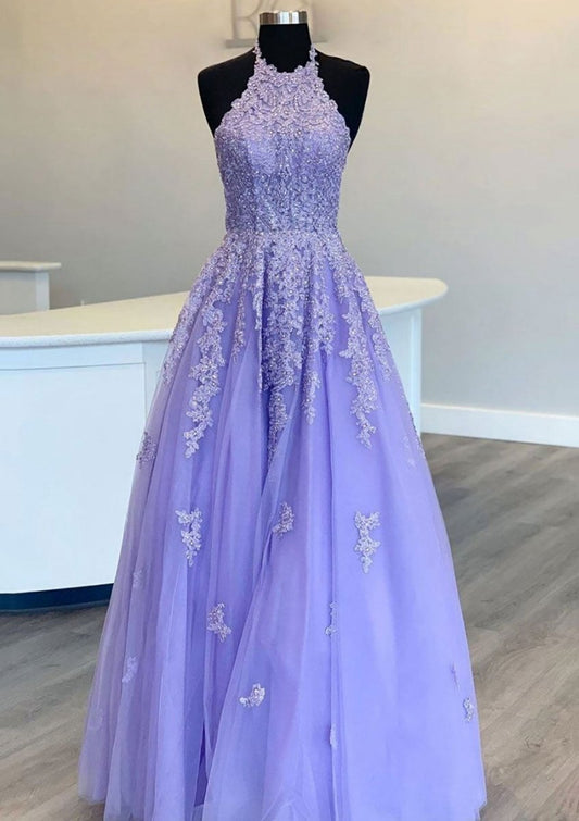 Princess Halter Long/Floor-Length Lace Tulle Prom Dresses with Appliqued Beading