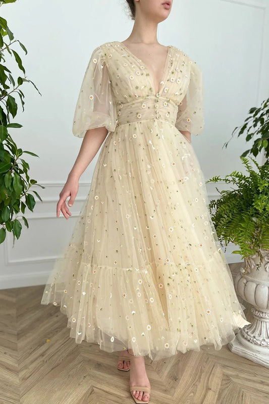 A-line V Neck Sea of Daisies Dresses Engagement Ankle Length Half Sleeve High Neck Tulle with Buttons Pleats