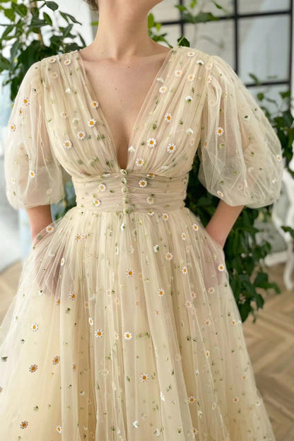 A-line V Neck Sea of Daisies Dresses Engagement Ankle Length Half Sleeve High Neck Tulle with Buttons Pleats