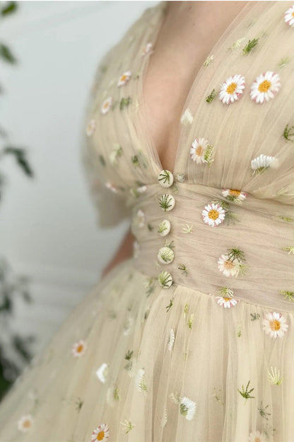 A-line V Neck Sea of Daisies Dresses Engagement Ankle Length Half Sleeve High Neck Tulle with Buttons Pleats
