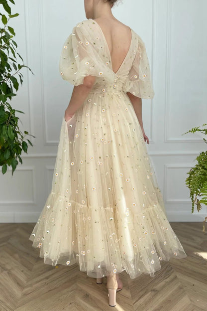 A-line V Neck Sea of Daisies Dresses Engagement Ankle Length Half Sleeve High Neck Tulle with Buttons Pleats