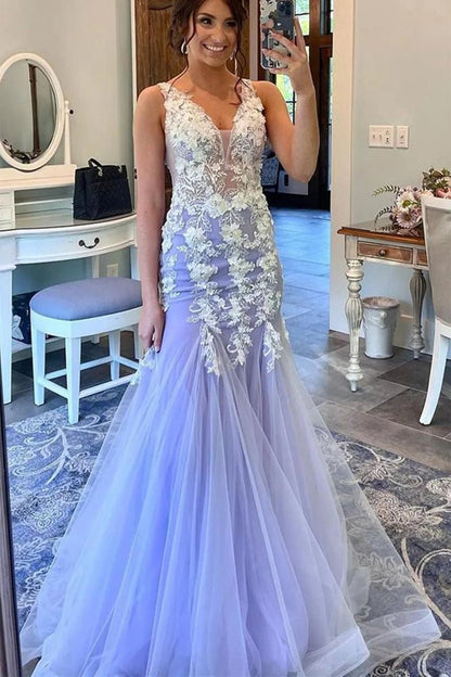 Mermaid Prom Dresses Floral Dresses Formal Sweep Train Sleeveless V Neck Tulle with Ruffles Appliques