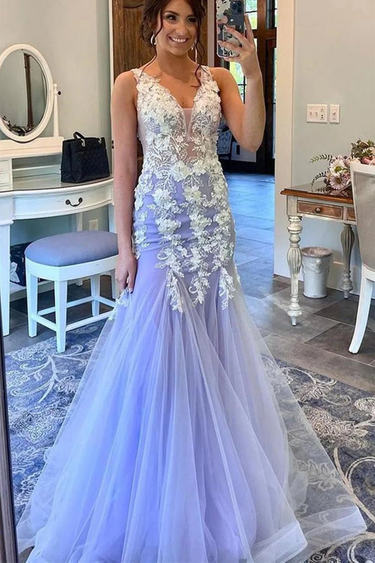 Mermaid Prom Dresses Floral Dresses Formal Sweep Train Sleeveless V Neck Tulle with Ruffles Appliques