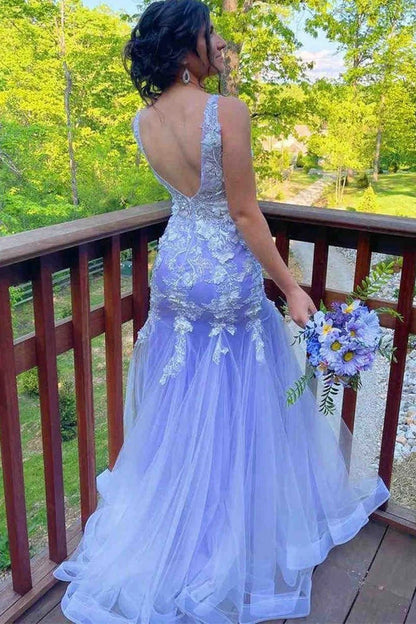 Mermaid Prom Dresses Floral Dresses Formal Sweep Train Sleeveless V Neck Tulle with Ruffles Appliques