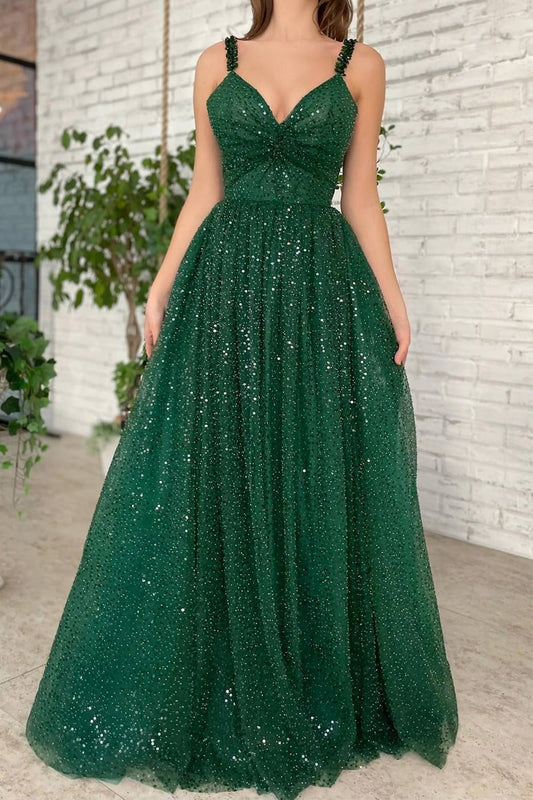 A-line V Neck Long/Floor-Length Tulle Sparkling Prom Dresses with Beading Sequins Glitter