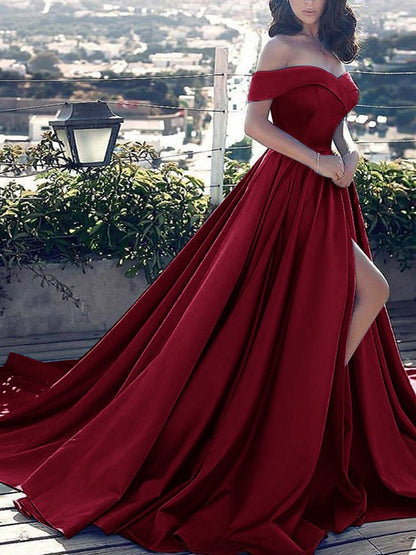 Off Shoulder Prom Dresses Long Satin Formal Gowns with Slit