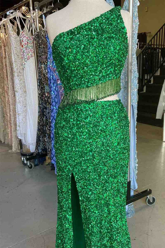 Two Piece Sequined One Shoulder Long Party Dresses with Tassel