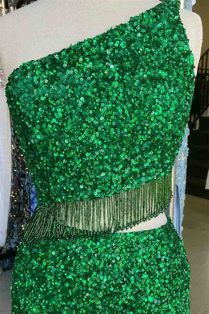 Two Piece Sequined One Shoulder Long Party Dresses with Tassel