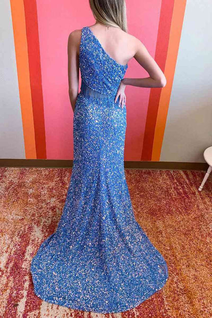 Two Piece Sequined One Shoulder Long Party Dresses with Tassel