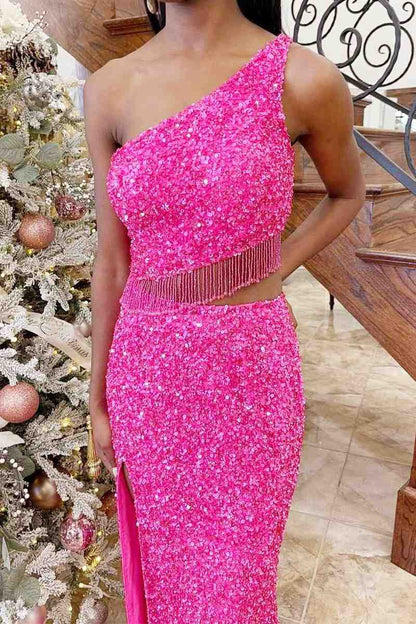 Two Piece Sequined One Shoulder Long Party Dresses with Tassel