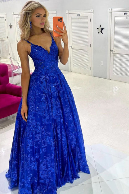 Sequin Lace V-Neck A-line Long Prom Dresses