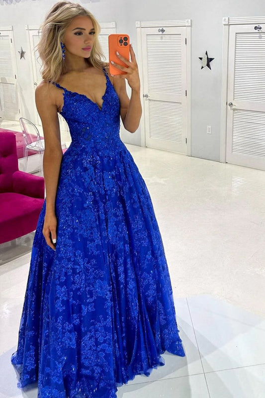 Sequin Lace V-Neck A-line Long Prom Dresses