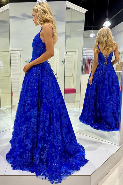 Sequin Lace V-Neck A-line Long Prom Dresses