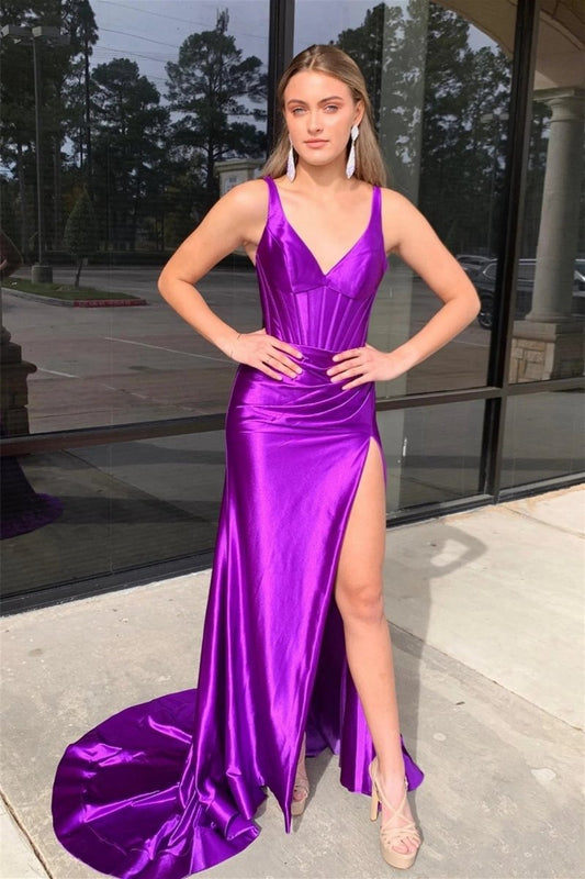 Grape Mermaid Satin V Neck Long Prom Dresses with Slit