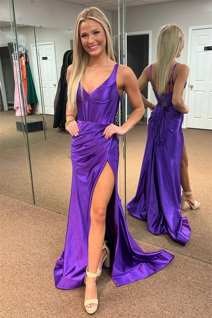 Grape Mermaid Satin V Neck Long Prom Dresses with Slit