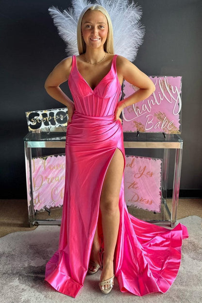 Grape Mermaid Satin V Neck Long Prom Dresses with Slit