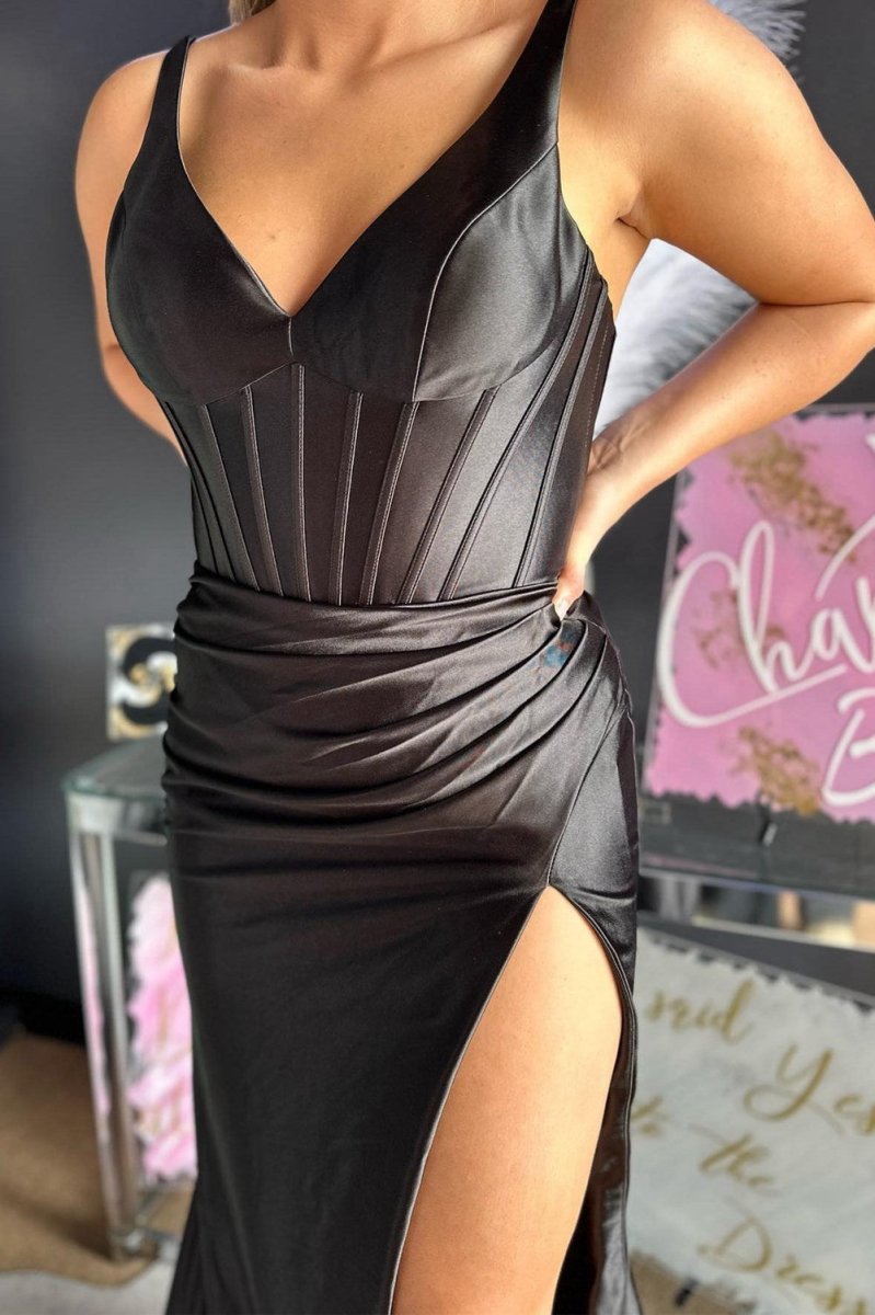 Grape Mermaid Satin V Neck Long Prom Dresses with Slit