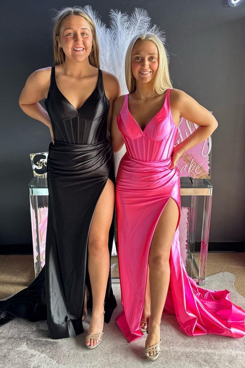 Grape Mermaid Satin V Neck Long Prom Dresses with Slit