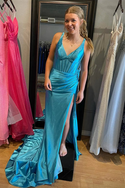 Grape Mermaid Satin V Neck Long Prom Dresses with Slit