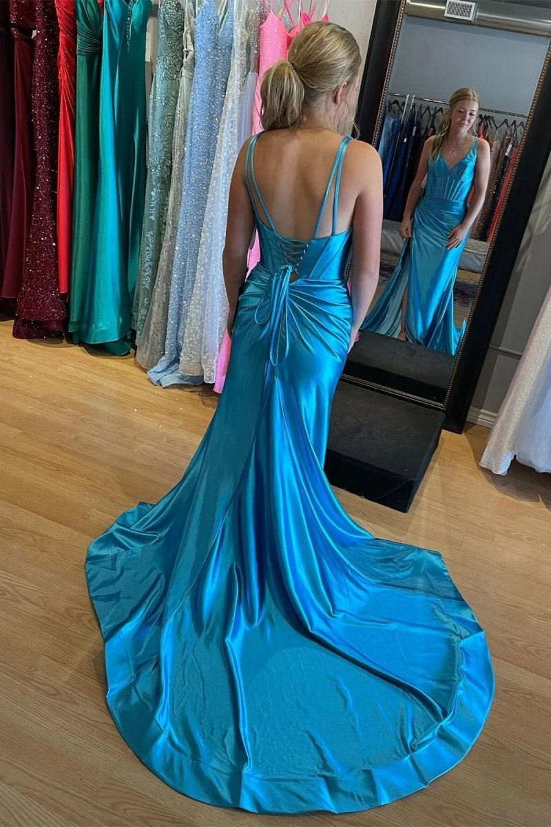Grape Mermaid Satin V Neck Long Prom Dresses with Slit