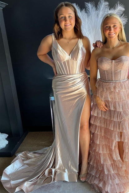 Grape Mermaid Satin V Neck Long Prom Dresses with Slit