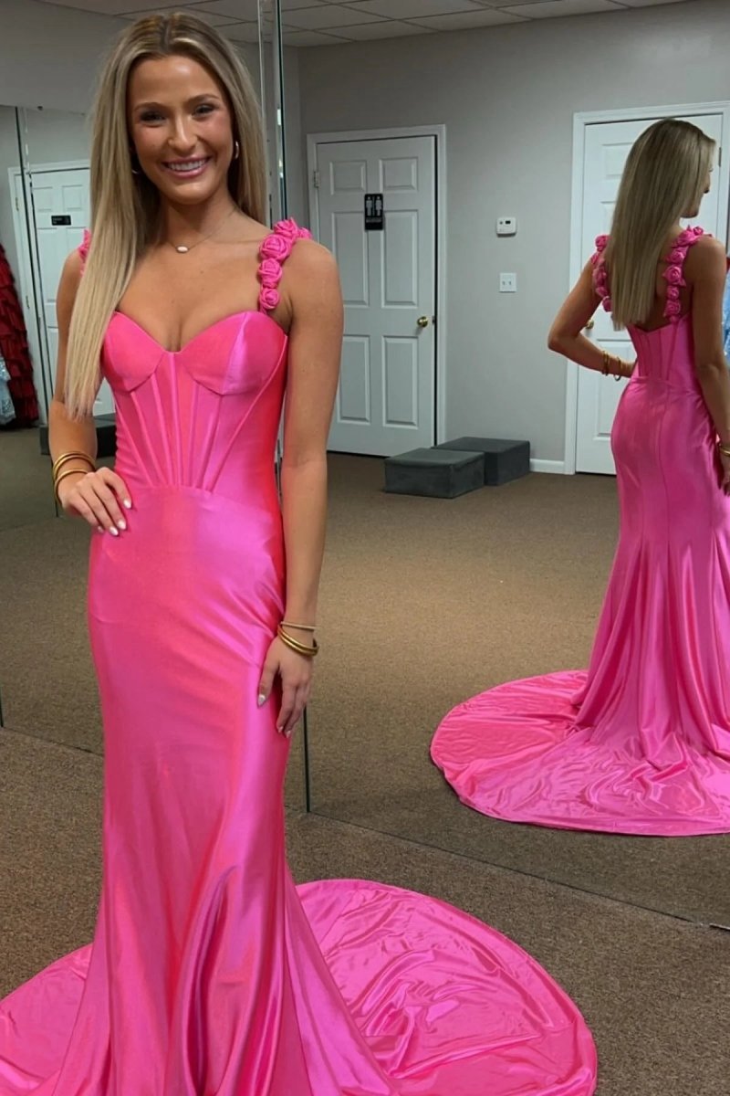 Floral Straps Mermaid Satin Long Prom Dresses