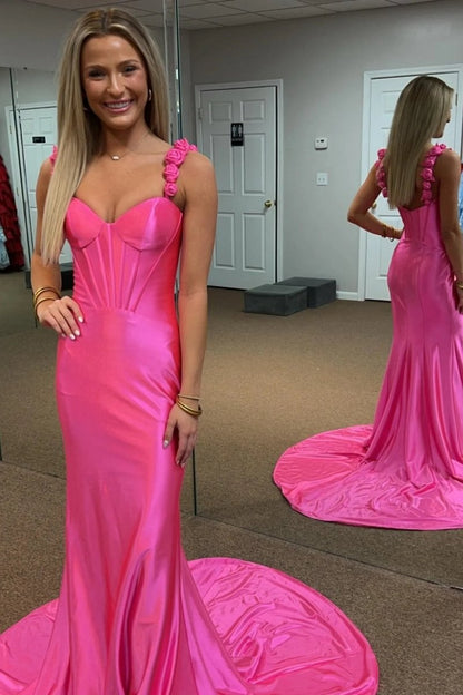 Floral Straps Mermaid Satin Long Prom Dresses