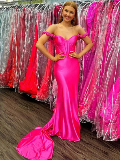 Floral Straps Mermaid Satin Long Prom Dresses