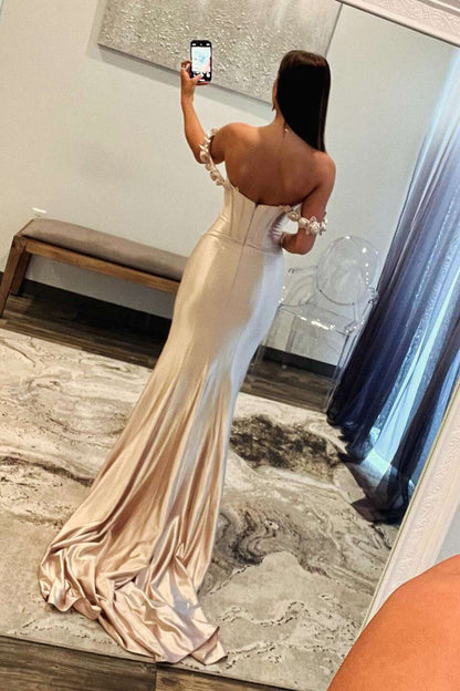 Floral Straps Mermaid Satin Long Prom Dresses