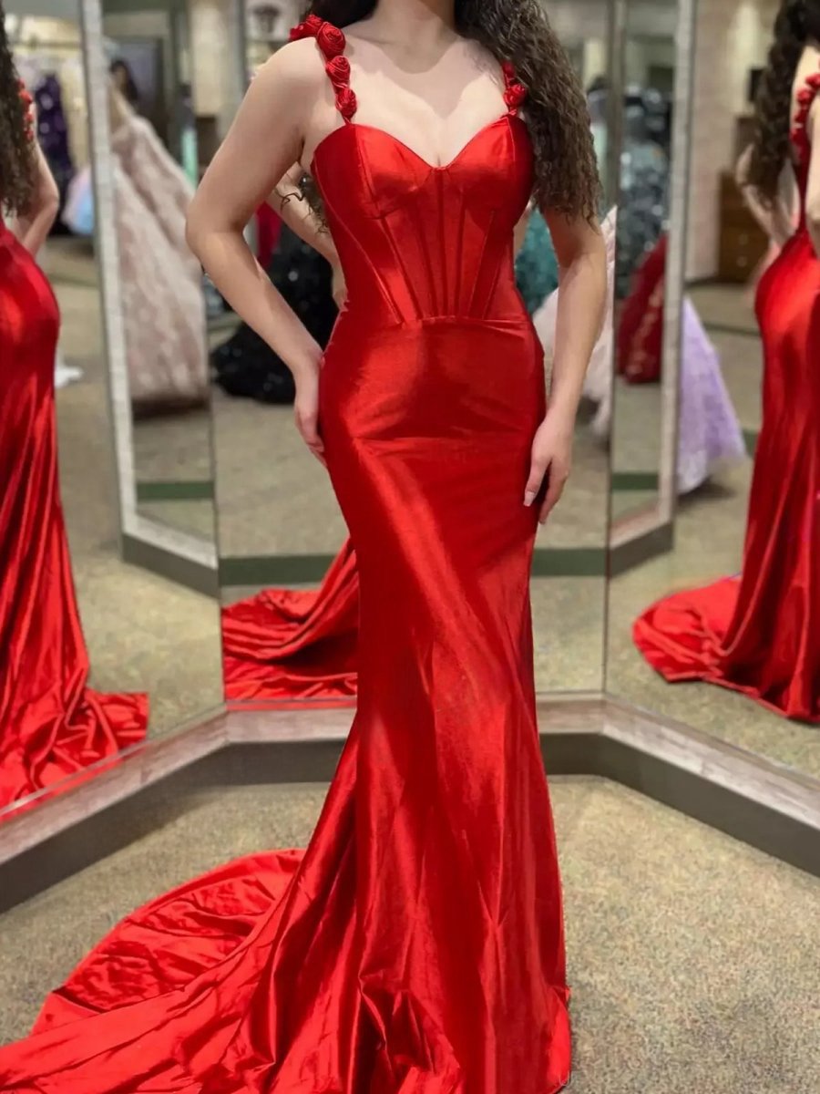 Floral Straps Mermaid Satin Long Prom Dresses