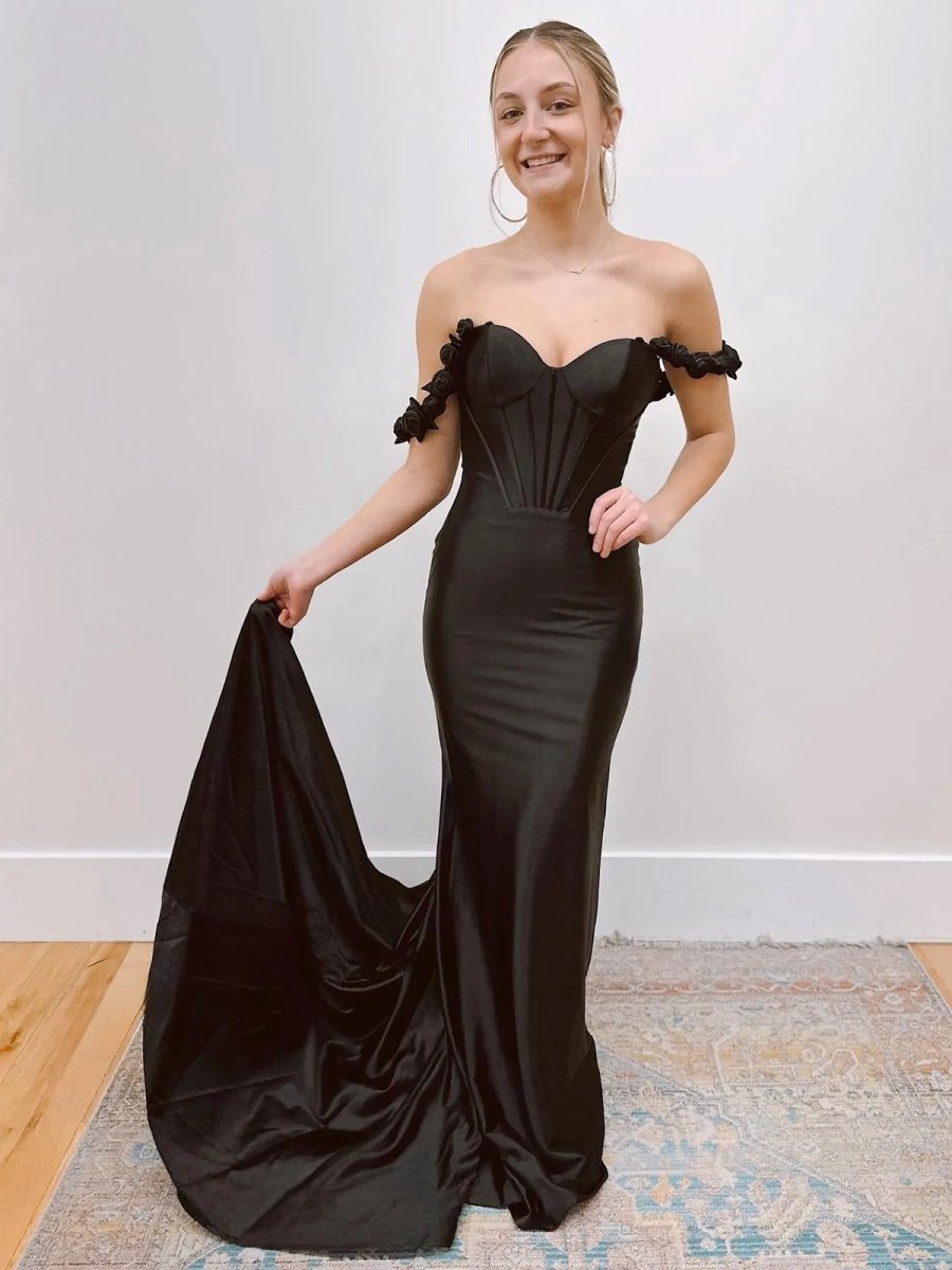 Floral Straps Mermaid Satin Long Prom Dresses