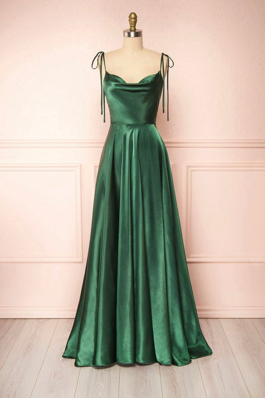 Simple Satin Long A-line Prom Dresses Spaghetti Straps Evening Dresses