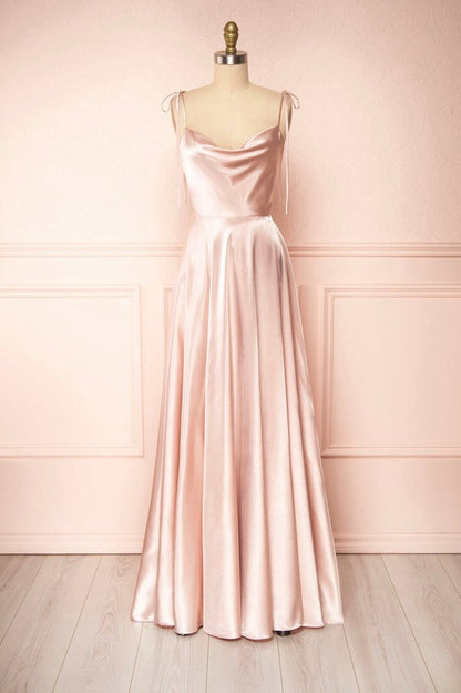 Simple Satin Long A-line Prom Dresses Spaghetti Straps Evening Dresses