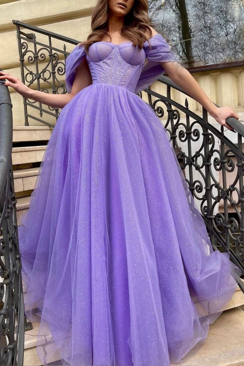 Tulle Long A-line Prom Dresses Off the Shoulder Evening Party Dresses
