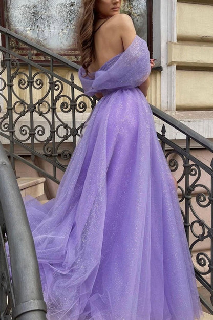 Tulle Long A-line Prom Dresses Off the Shoulder Evening Party Dresses