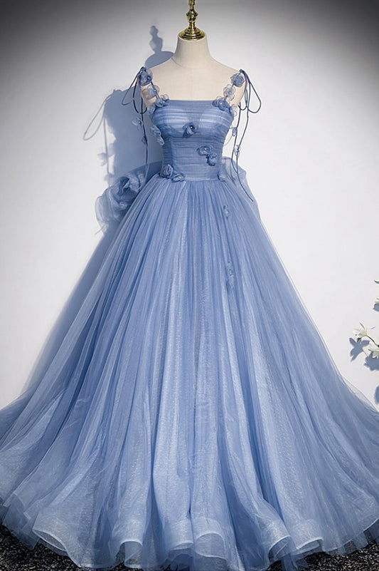 Tulle Long A-line Prom Dresses Spaghetti Straps Party Dresses with Bow