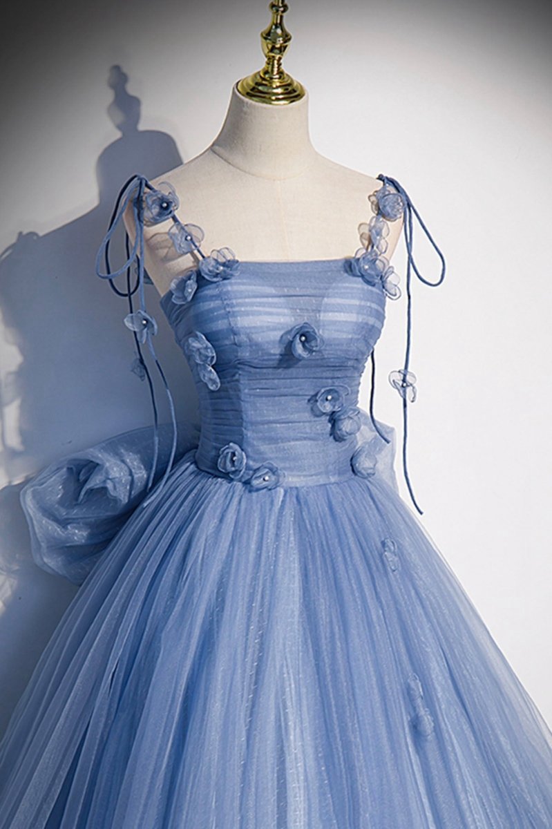 Tulle Long A-line Prom Dresses Spaghetti Straps Party Dresses with Bow