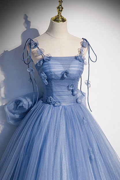 Tulle Long A-line Prom Dresses Spaghetti Straps Party Dresses with Bow