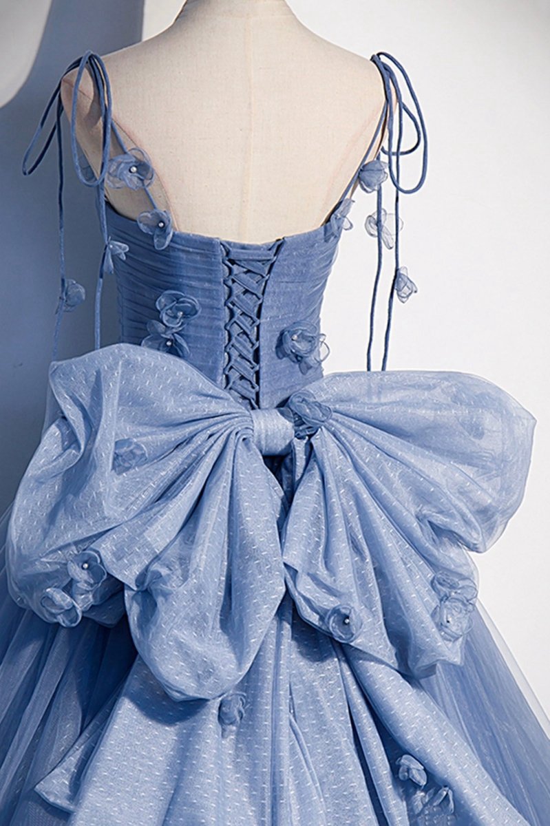 Tulle Long A-line Prom Dresses Spaghetti Straps Party Dresses with Bow