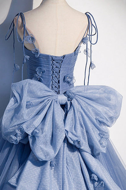 Tulle Long A-line Prom Dresses Spaghetti Straps Party Dresses with Bow