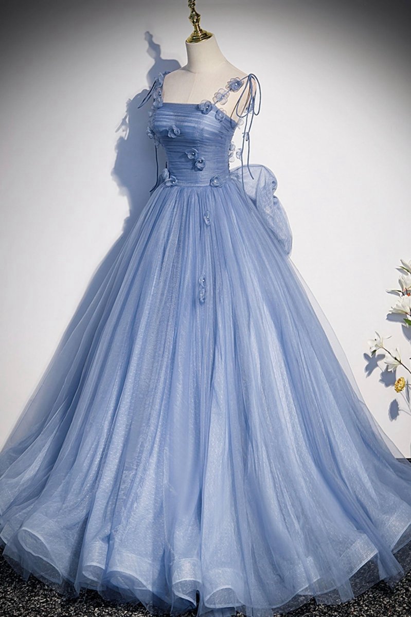 Tulle Long A-line Prom Dresses Spaghetti Straps Party Dresses with Bow