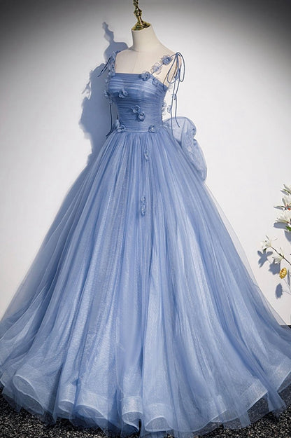 Tulle Long A-line Prom Dresses Spaghetti Straps Party Dresses with Bow
