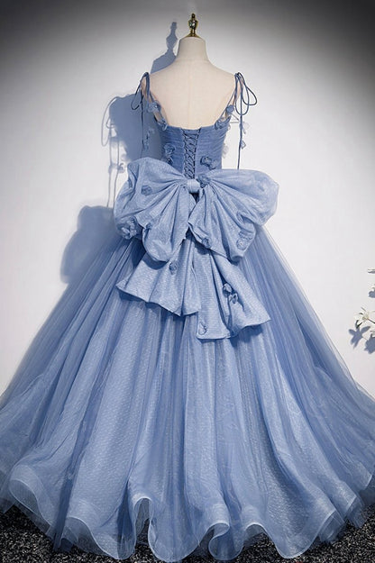 Tulle Long A-line Prom Dresses Spaghetti Straps Party Dresses with Bow