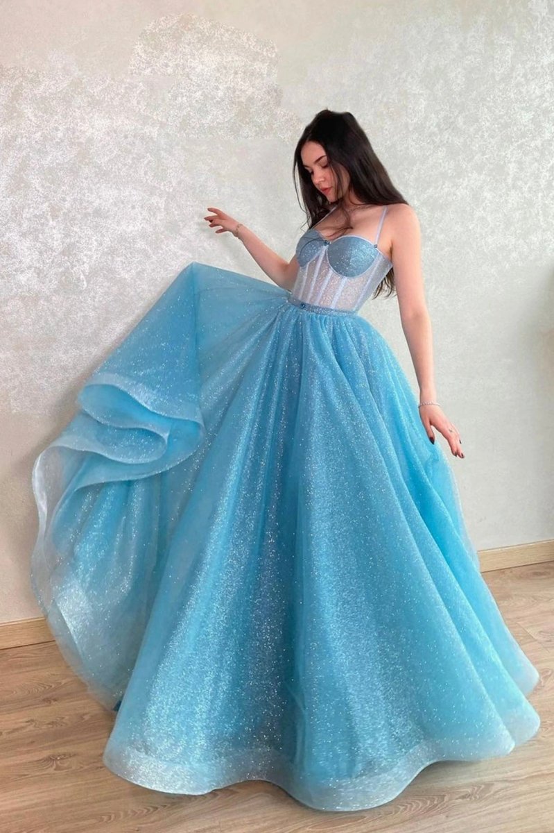 Tulle Long A-line Prom Dresses Lace-Up Evening Dresses with Corset