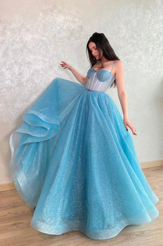 Tulle Long A-line Prom Dresses Lace-Up Evening Dresses with Corset