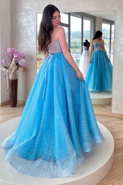 Tulle Long A-line Prom Dresses Lace-Up Evening Dresses with Corset