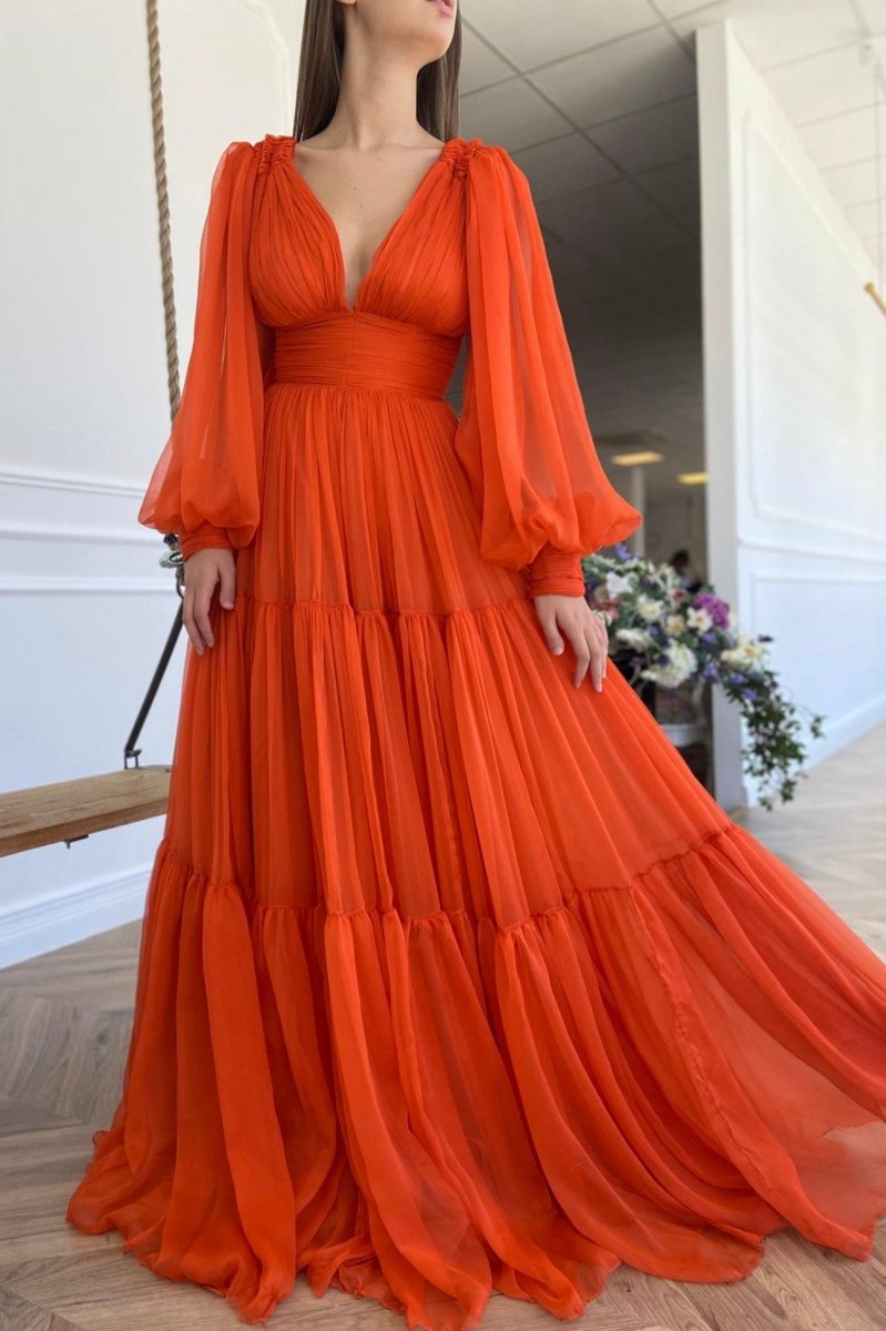 Chiffon Floor Length Prom Dresses Long Sleeve Evening Party Dresses