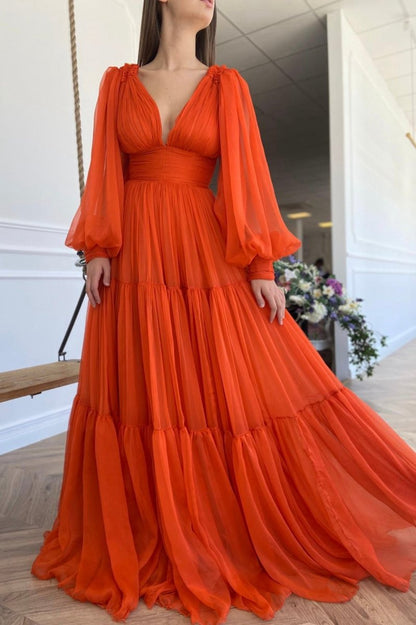 Chiffon Floor Length Prom Dresses Long Sleeve Evening Party Dresses
