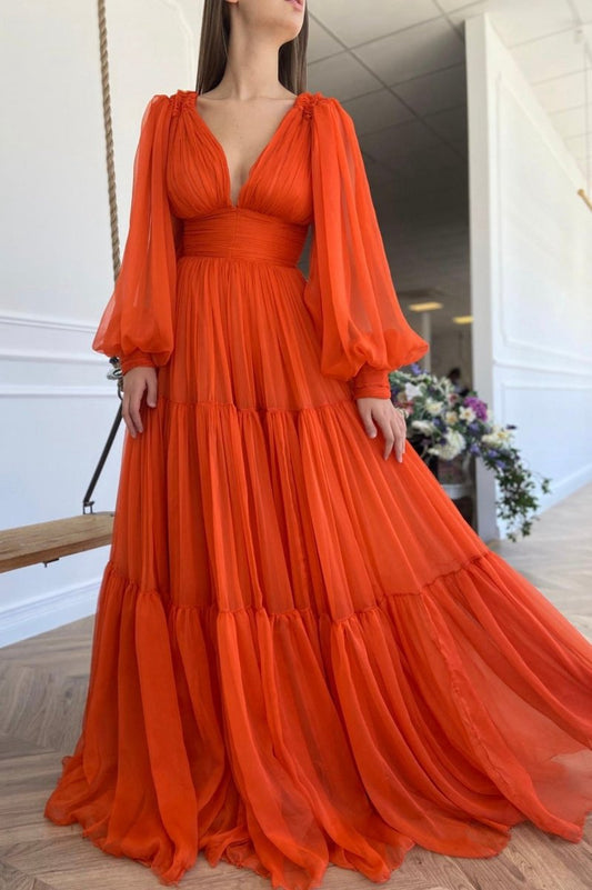 Chiffon Floor Length Prom Dresses Long Sleeve Evening Party Dresses